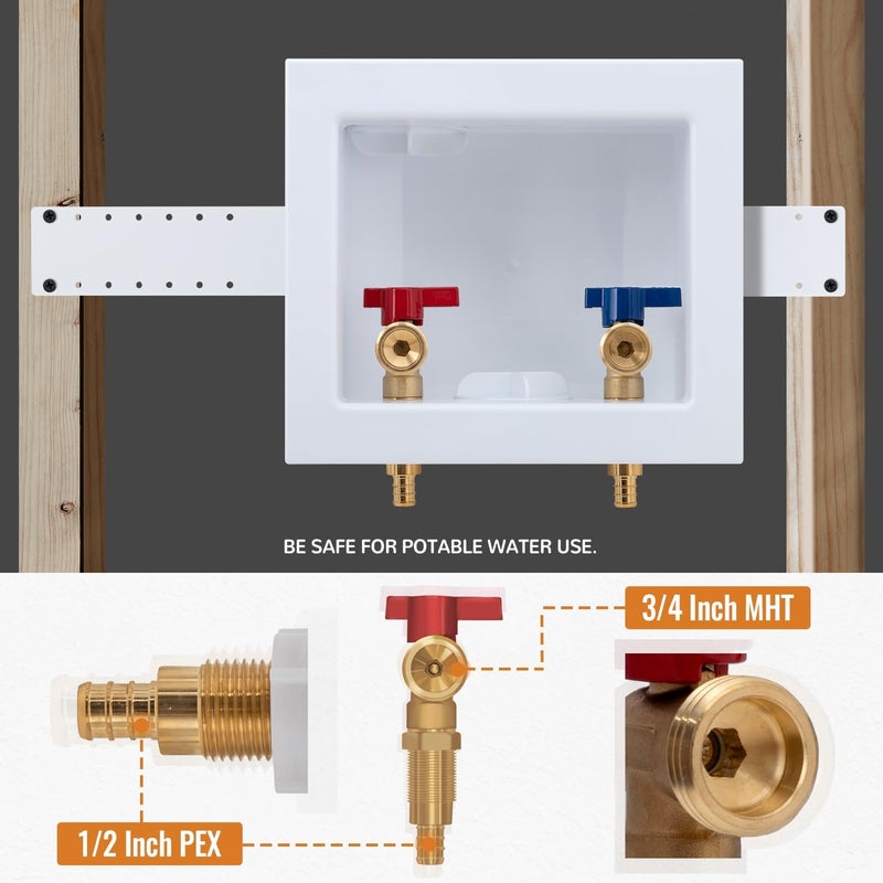 SUNGATOR Pex Washing Machine Outlet Box with Center Drain, Laundry Washer Valve Box, 1/2 Inch Pex Crimp Inlet x 3/4 Inch MHT Outlet，with 4 Crimp Rings - Image 4